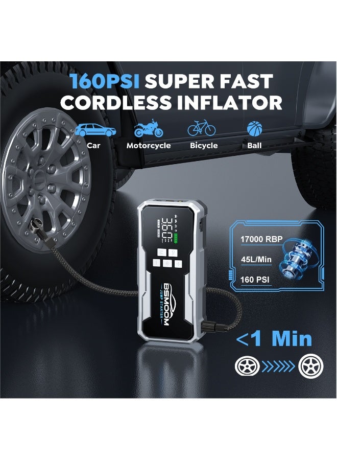BSMOOM Jump Starter with Air Compressor 7000A 160PSI Portable Car Battery Jump Starter (All Gas/10L Diesel),12V Portable Booster Pack with Jumper Cables, Fast Charging, Emergency Light - Image 3